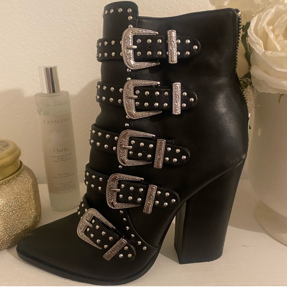 Steve Madden Comet Black Ankle Boots with Silver Buckles
